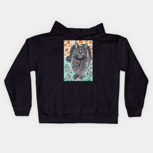 Black cat in the flowers Kids Hoodie